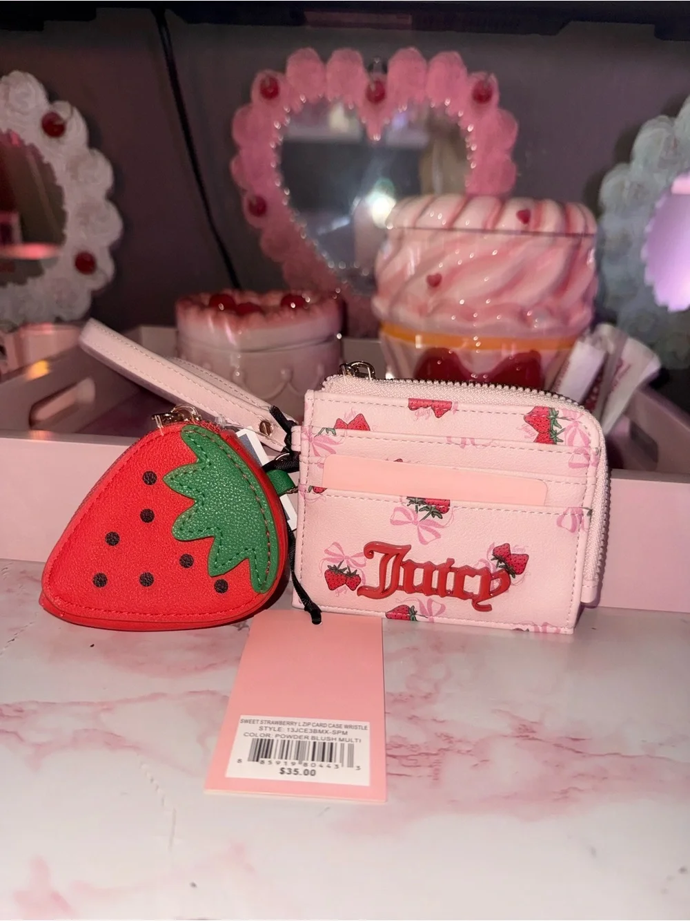 Juicy Couture Sweet Strawberry Zip Card Case Wristlet with Strawberry Coin Pouch
